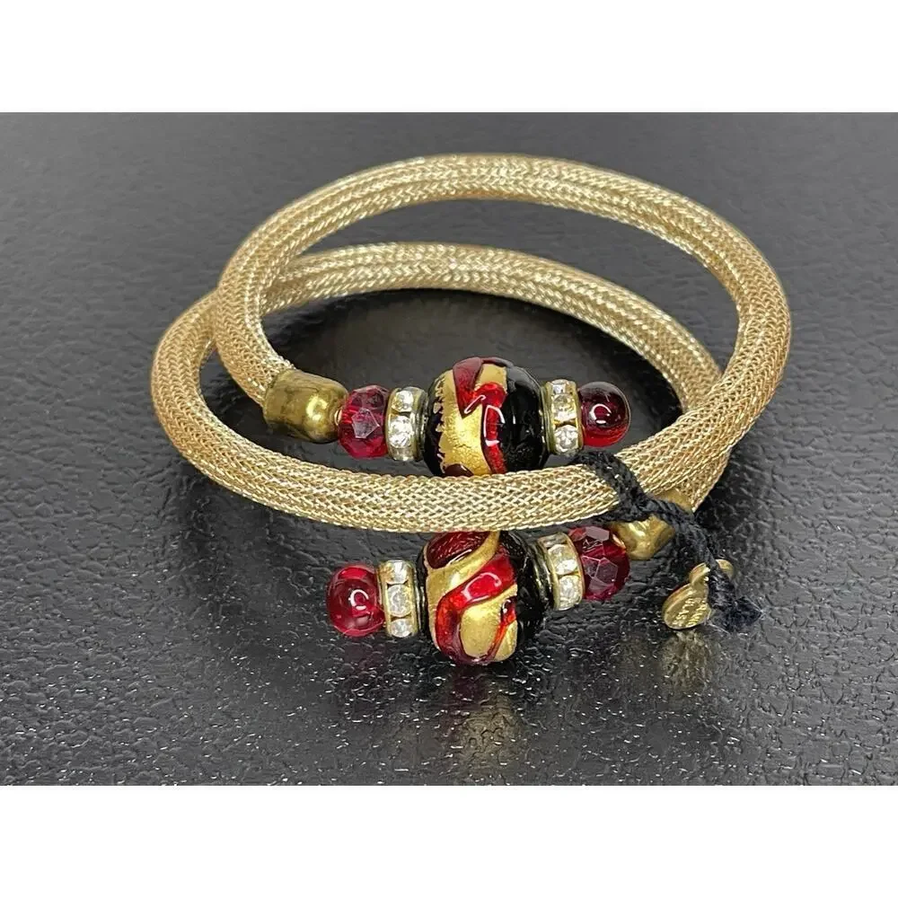 Vintage Stauer Murano Gold Mesh Wrap Bracelet Red Glass Beads Signed Italy